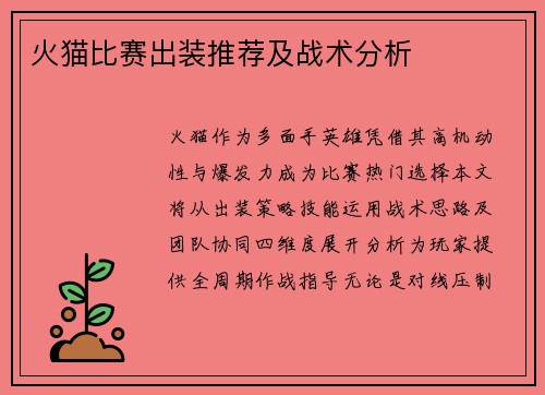 火猫比赛出装推荐及战术分析