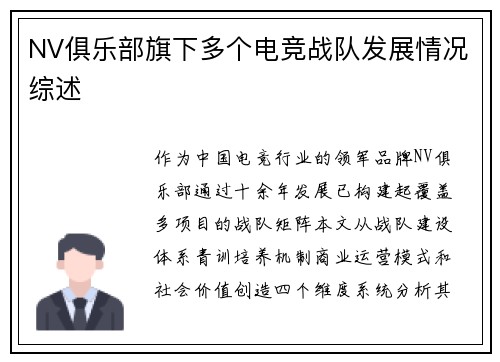 NV俱乐部旗下多个电竞战队发展情况综述